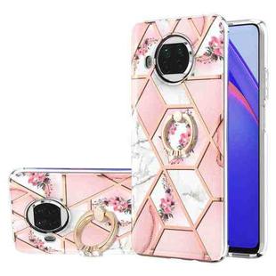 For Xiaomi Mi 10T Lite Electroplating Splicing Marble Flower Pattern TPU Shockproof Case with Rhinestone Ring Holder(Pink Flower)
