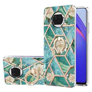 For Xiaomi Mi 10T Lite Electroplating Splicing Marble Flower Pattern TPU Shockproof Case with Rhinestone Ring Holder(Blue Flower)