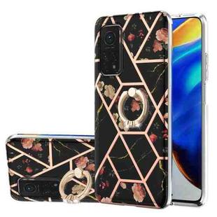 For Xiaomi Mi 10T / Mi 10T Pro Electroplating Splicing Marble Flower Pattern TPU Shockproof Case with Rhinestone Ring Holder(Black Flower)