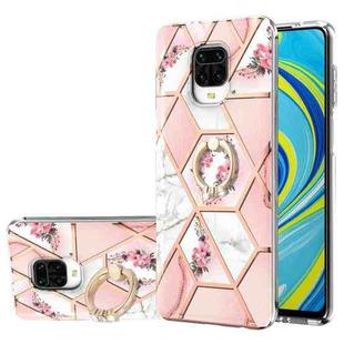 or Xiaomi Redmi Note 9S / Redmi Note 9 Pro / Redmi Note 9 Pro Max Electroplating Splicing Marble Flower Pattern TPU Shockproof Case with Rhinestone Ring Holder(Pink Flower)