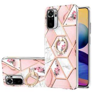 For Xiaomi Redmi Note 10 Electroplating Splicing Marble Flower Pattern TPU Shockproof Case with Rhinestone Ring Holder(Pink Flower)