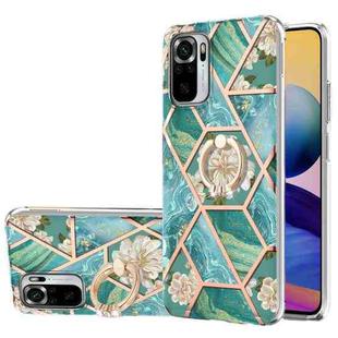 For Xiaomi Redmi Note 10 Electroplating Splicing Marble Flower Pattern TPU Shockproof Case with Rhinestone Ring Holder(Blue Flower)