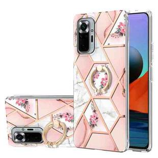For Xiaomi Redmi Note 10 Pro Max Electroplating Splicing Marble Flower Pattern TPU Shockproof Case with Rhinestone Ring Holder(Pink Flower)
