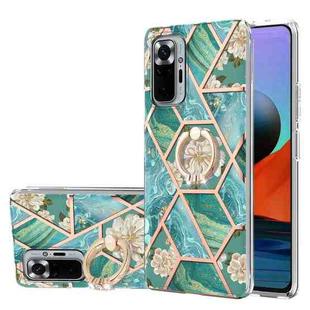 For Xiaomi Redmi Note 10 Pro Max Electroplating Splicing Marble Flower Pattern TPU Shockproof Case with Rhinestone Ring Holder(Blue Flower)