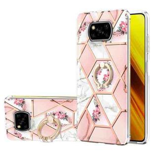 For Xiaomi Poco X3 NFC Electroplating Splicing Marble Flower Pattern TPU Shockproof Case with Rhinestone Ring Holder(Pink Flower)