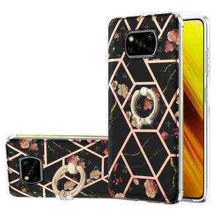 For Xiaomi Poco X3 NFC Electroplating Splicing Marble Flower Pattern TPU Shockproof Case with Rhinestone Ring Holder(Black Flower)