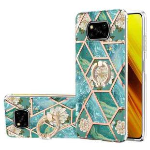 For Xiaomi Poco X3 NFC Electroplating Splicing Marble Flower Pattern TPU Shockproof Case with Rhinestone Ring Holder(Blue Flower)