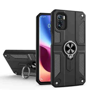 For Xiaomi Poco F3 Carbon Fiber Pattern PC + TPU Protective Case with Ring Holder(Black)