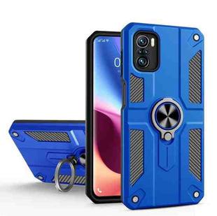 For Xiaomi Poco F3 Carbon Fiber Pattern PC + TPU Protective Case with Ring Holder(Dark Blue)