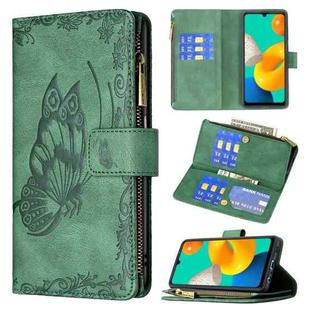 For Samsung Galaxy M32 Flying Butterfly Embossing Pattern Zipper Horizontal Flip Leather Case with Holder & Card Slots & Wallet(Green)