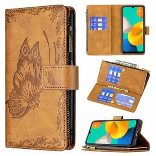 For Samsung Galaxy M32 Flying Butterfly Embossing Pattern Zipper Horizontal Flip Leather Case with Holder & Card Slots & Wallet(Brown)