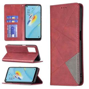For OPPO A54 4G / A55 5G Rhombus Texture Horizontal Flip Magnetic Leather Case with Holder & Card Slots(Red)