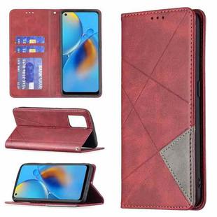 For OPPO A74 4G / F19 4G Rhombus Texture Horizontal Flip Magnetic Leather Case with Holder & Card Slots(Red)