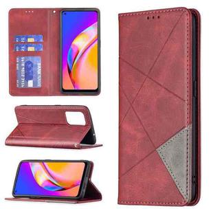 For OPPO A94 5G / F19 Pro Plus / Reno5 Z 5G Rhombus Texture Horizontal Flip Magnetic Leather Case with Holder & Card Slots(Red)