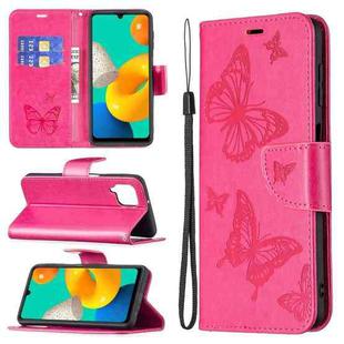 For Samsung Galaxy M32 Embossing Two Butterflies Pattern Horizontal Flip PU Leather Case with Holder & Card Slot & Wallet & Lanyard(Rose Red)