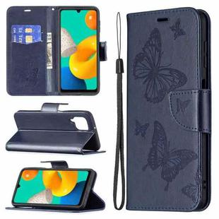 For Samsung Galaxy M32 Embossing Two Butterflies Pattern Horizontal Flip PU Leather Case with Holder & Card Slot & Wallet & Lanyard(Dark Blue)
