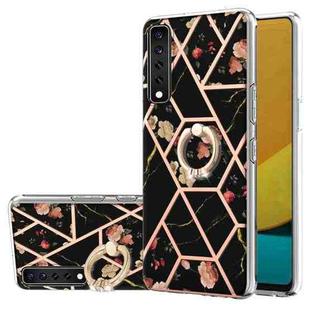 For LG Stylo 7 Electroplating Splicing Marble Flower Pattern TPU Shockproof Case with Rhinestone Ring Holder(Black Flower)