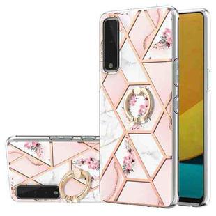 For LG Stylo 7 5G Electroplating Splicing Marble Flower Pattern TPU Shockproof Case with Rhinestone Ring Holder(Pink Flower)