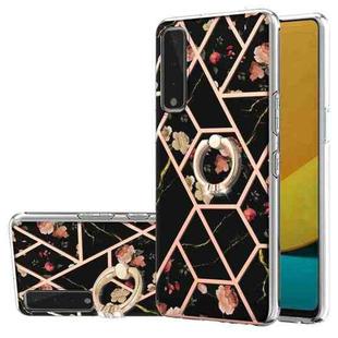 For LG Stylo 7 5G Electroplating Splicing Marble Flower Pattern TPU Shockproof Case with Rhinestone Ring Holder(Black Flower)
