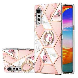 For LG Velvet Electroplating Splicing Marble Flower Pattern TPU Shockproof Case with Rhinestone Ring Holder(Pink Flower)