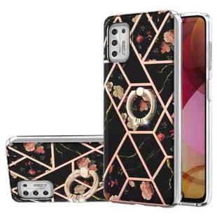 For Motorola Moto G Stylus (2021) Electroplating Splicing Marble Flower Pattern TPU Shockproof Case with Rhinestone Ring Holder(Black Flower)