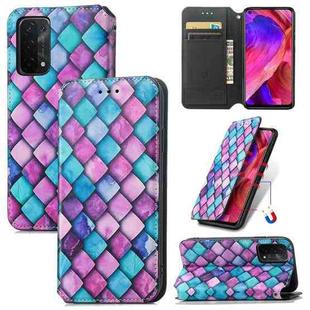 For OPPO A54 5G Colorful Magnetic Horizontal Flip PU Leather Case with Holder & Card Slot & Wallet(Purple Scales)