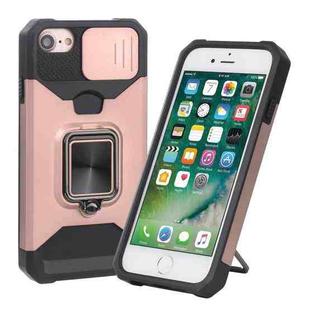 For iPhone SE 2022 / SE 2020 / 8 / 7 / 6s / 6 Sliding Camera Cover Design PC + TPU Shockproof Case with Ring Holder & Card Slot (Rose Gold)