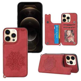 Mandala Embossed PU + TPU Case with Holder & Card Slots & Photo Frame & Hand Strap For iPhone 13 mini(Red)