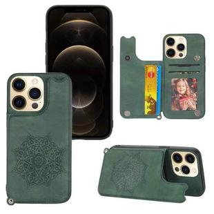 Mandala Embossed PU + TPU Case with Holder & Card Slots & Photo Frame & Hand Strap For iPhone 13 mini(Green)