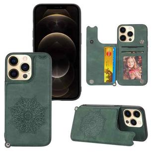 Mandala Embossed PU + TPU Case with Holder & Card Slots & Photo Frame & Hand Strap For iPhone 13(Green)
