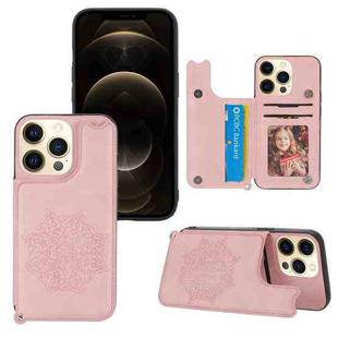 Mandala Embossed PU + TPU Case with Holder & Card Slots & Photo Frame & Hand Strap For iPhone 13 Pro(Rose Gold)