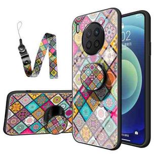 For Huawei Nova 8i Painted Ethnic Pattern Tempered Glass TPU Shockproof Case with Folding Magnetic Holder & Neck Strap(Checkered)