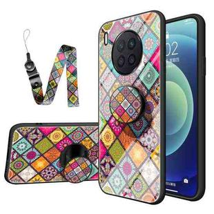 For Huawei Nova 8i Painted Ethnic Pattern Tempered Glass TPU Shockproof Case with Folding Magnetic Holder & Neck Strap(Colorful)