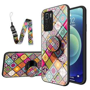 For Xiaomi Redmi Note 10 Pro 5G Painted Ethnic Pattern Tempered Glass TPU Shockproof Case with Folding Magnetic Holder & Neck Strap(Colorful)