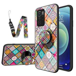 For Xiaomi Poco X3 GT Painted Ethnic Pattern Tempered Glass TPU Shockproof Case with Folding Magnetic Holder & Neck Strap(Checkered)