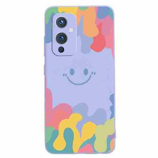 For OnePlus 9 Painted Smiley Face Pattern Liquid Silicone Shockproof Case(Purple)