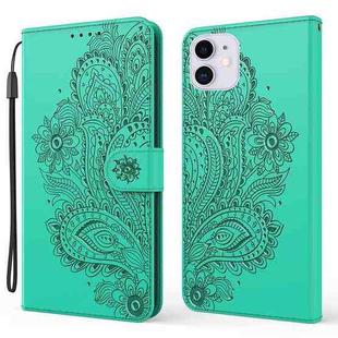 For iPhone 13 Peacock Embossed Pattern Horizontal Flip Leather Case with Holder & Card Slots & Wallet & Lanyard(Green)