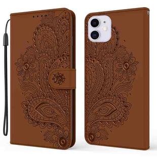 For iPhone 13 Peacock Embossed Pattern Horizontal Flip Leather Case with Holder & Card Slots & Wallet & Lanyard(Brown)