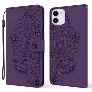For iPhone 13 Peacock Embossed Pattern Horizontal Flip Leather Case with Holder & Card Slots & Wallet & Lanyard(Purple)