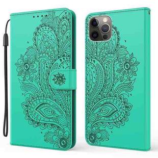 For iPhone 13 Pro Peacock Embossed Pattern Horizontal Flip Leather Case with Holder & Card Slots & Wallet & Lanyard (Green)