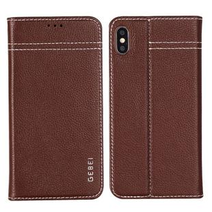 For iPhone XS / X GEBEI Top-grain Leather Horizontal Flip Protective Case with Holder & Card Slots(Brown)