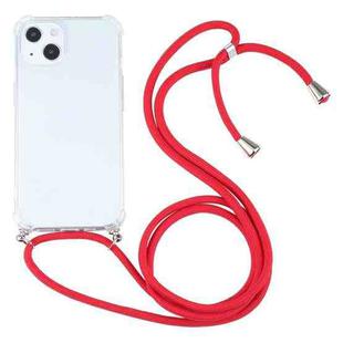 For iPhone 13 Four-corner Shockproof Transparent TPU Protective Case with Lanyard(Red)