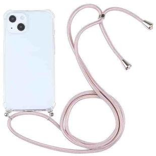 For iPhone 13 Four-corner Shockproof Transparent TPU Protective Case with Lanyard(Light Pink)