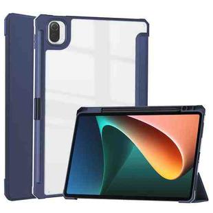 For Xiaomi Pad 5 / 5 Pro Three-fold Transparent TPU Horizontal Flip Leather Case with Pen Slot & Three-fold Holder & Sleep / Wake-up Function(Blue)