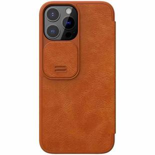 For iPhone 13 Pro NILLKIN QIN Series Pro Sliding Camera Cover Design Crazy Horse Texture Horizontal Flip Leather Case with Card Slot (Brown)