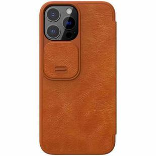 For iPhone 13 Pro Max NILLKIN QIN Series Pro Sliding Camera Cover Design Crazy Horse Texture Horizontal Flip Leather Case with Card Slot (Brown)