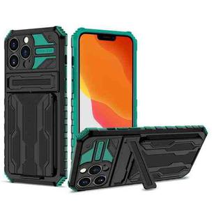 For iPhone 13 Pro Kickstand Armor Card Wallet Phone Case (Dark Green)