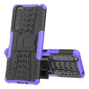 For Sony Xperia 1 III Tire Texture Shockproof TPU+PC Protective Case with Holder(Purple)
