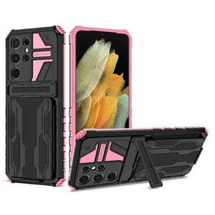 For Samsung Galaxy S21 5G Armor Card PC + TPU Shockproof Case with Card Slot & Invisible Holder(Pink)