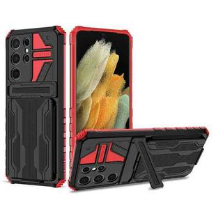 For Samsung Galaxy S21 5G Armor Card PC + TPU Shockproof Case with Card Slot & Invisible Holder(Red)